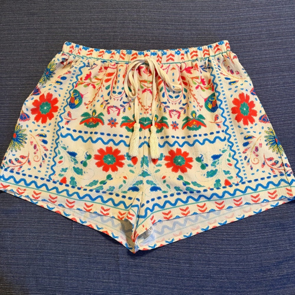 Flying Tomato Boho Floral Geometric Tile Print Tassel Drawstring Shorts Medium